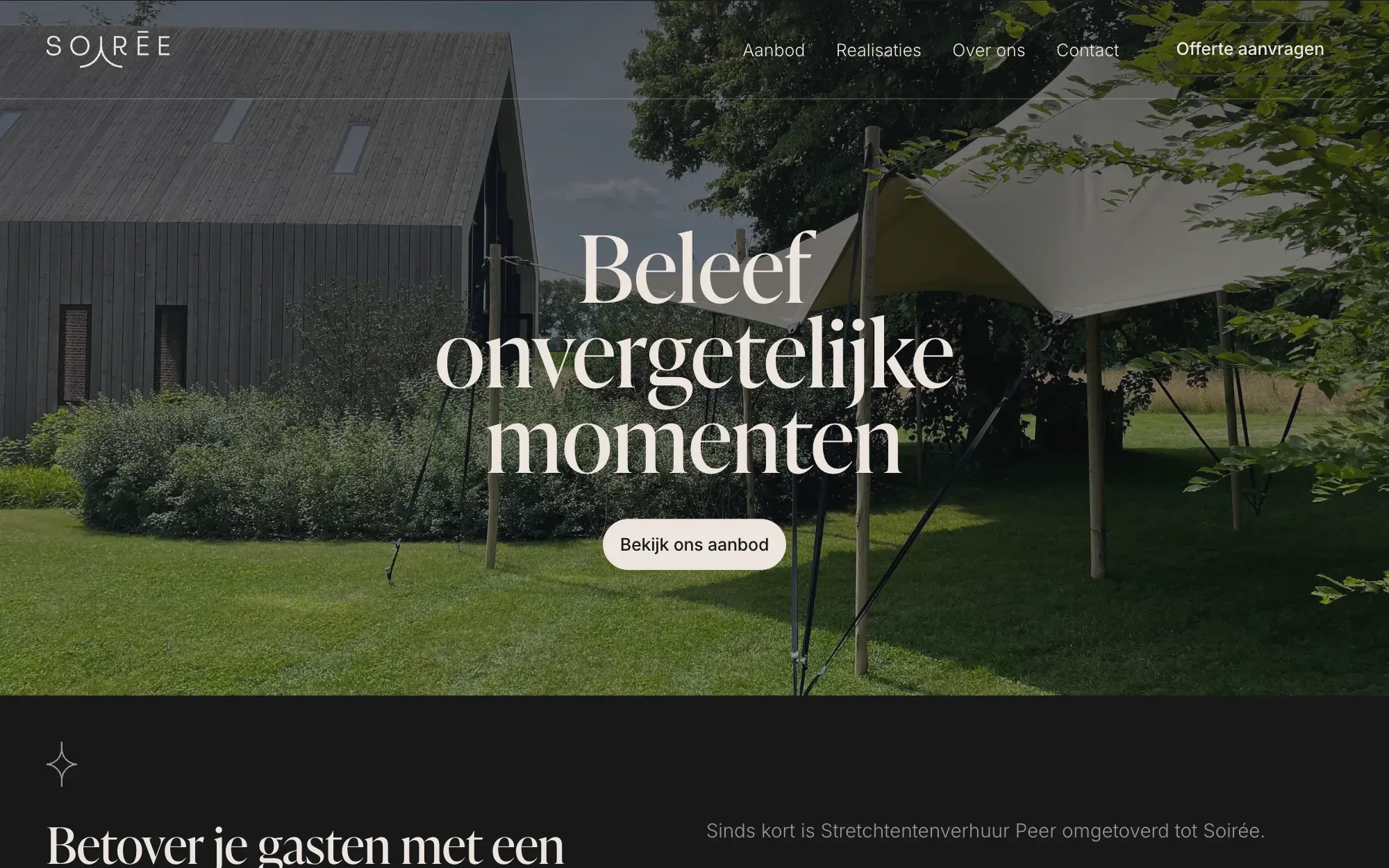 De homepagina van soiree.rent op desktop, met de titel Beleef onvergetelijke momenten
