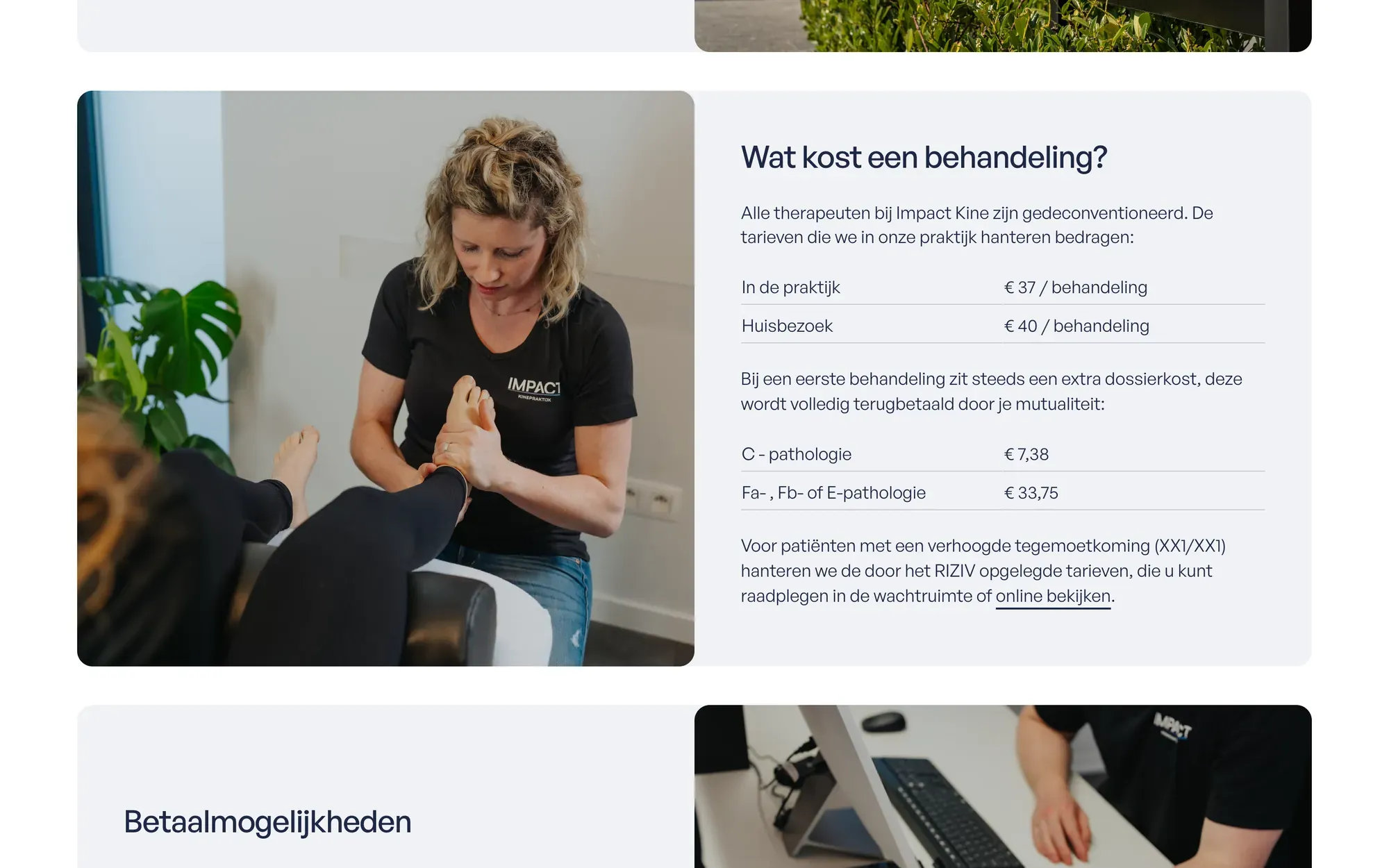 De pagina Praktische info van impact-kine.be op desktop, met de tarieven per behandeling