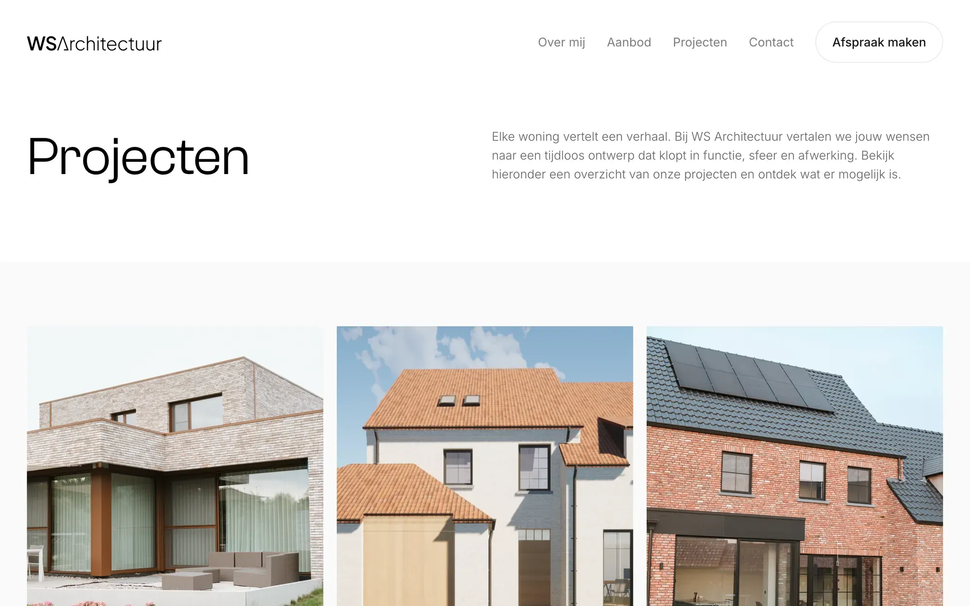 De projectenpagina van ws-architectuur.be op desktop, met drie woningen naast elkaar