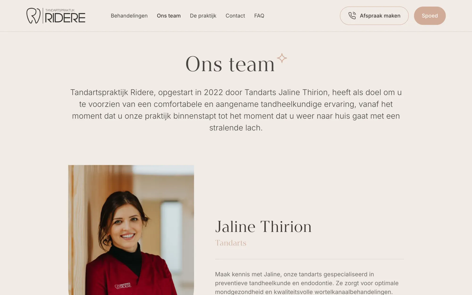 De pagina Ons team van ridere.be op desktop, met tandarts Jaline Thirion
