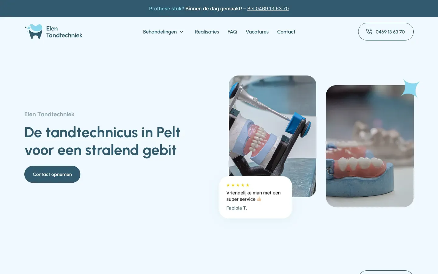 Website voor Elen Tandtechniek, gebouwd door Mediamast