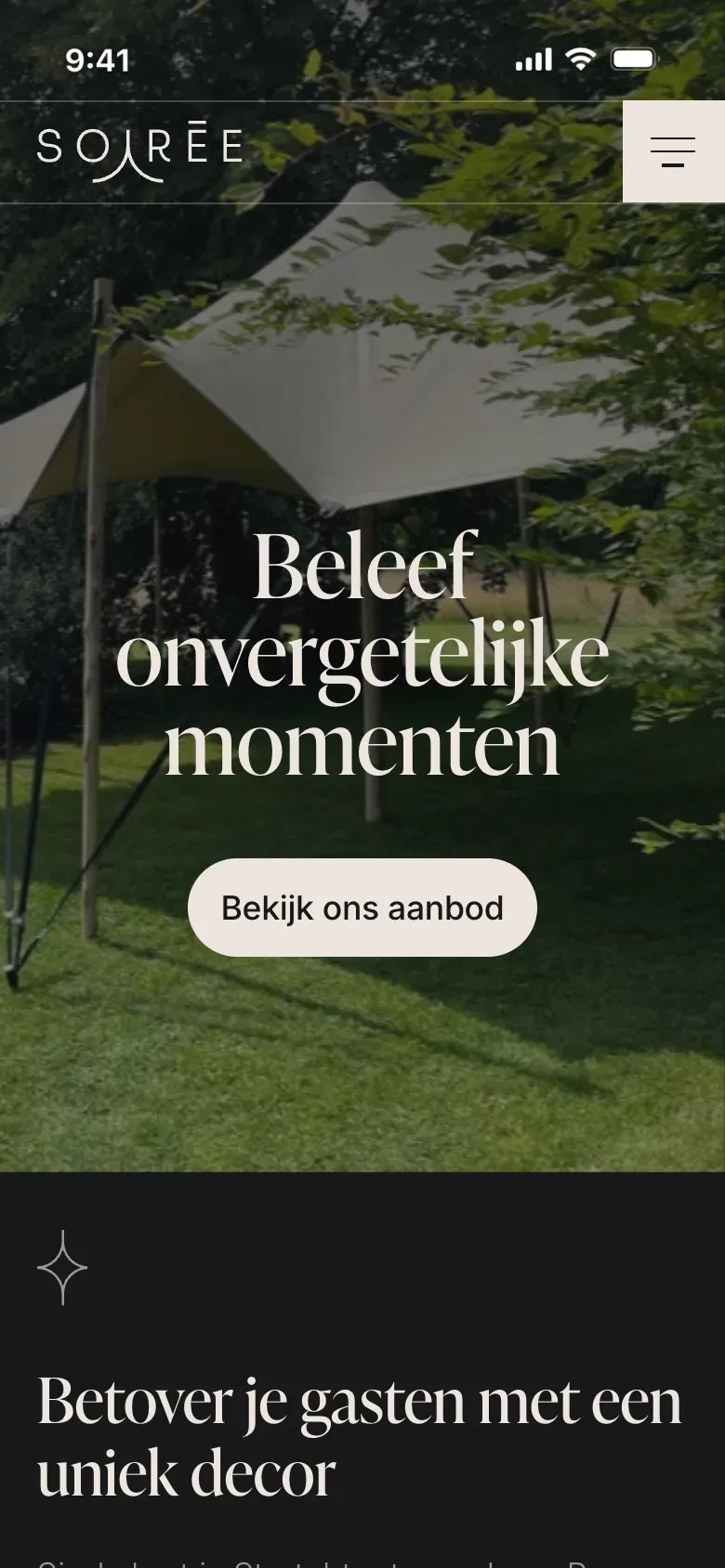 De homepagina van soiree.rent op gsm
