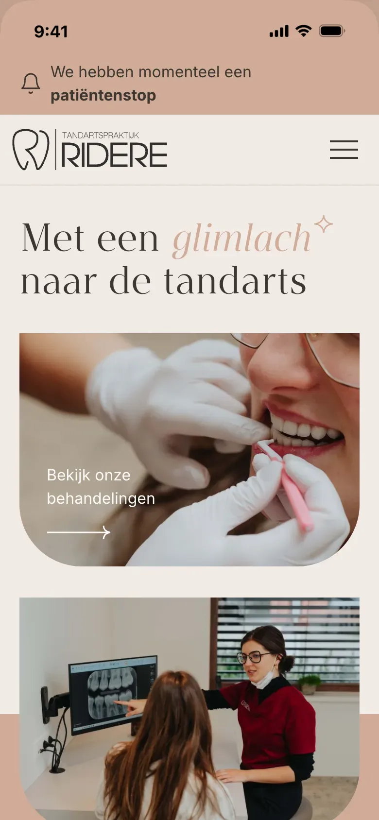 De homepagina van ridere.be op gsm
