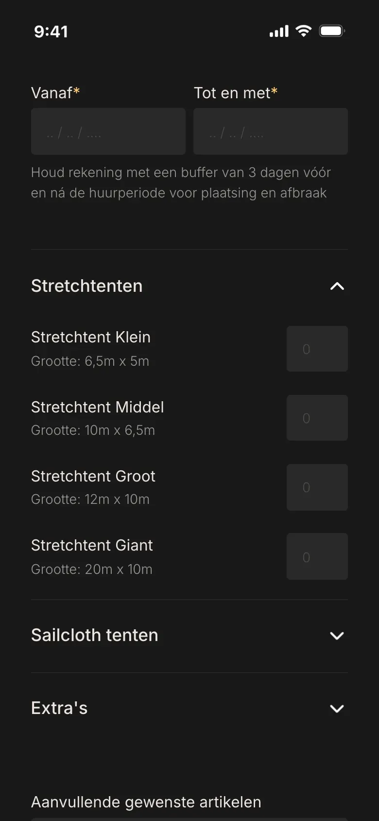 Het offerteformulier op gsm, met de data en de keuze van stretchtenten per maat