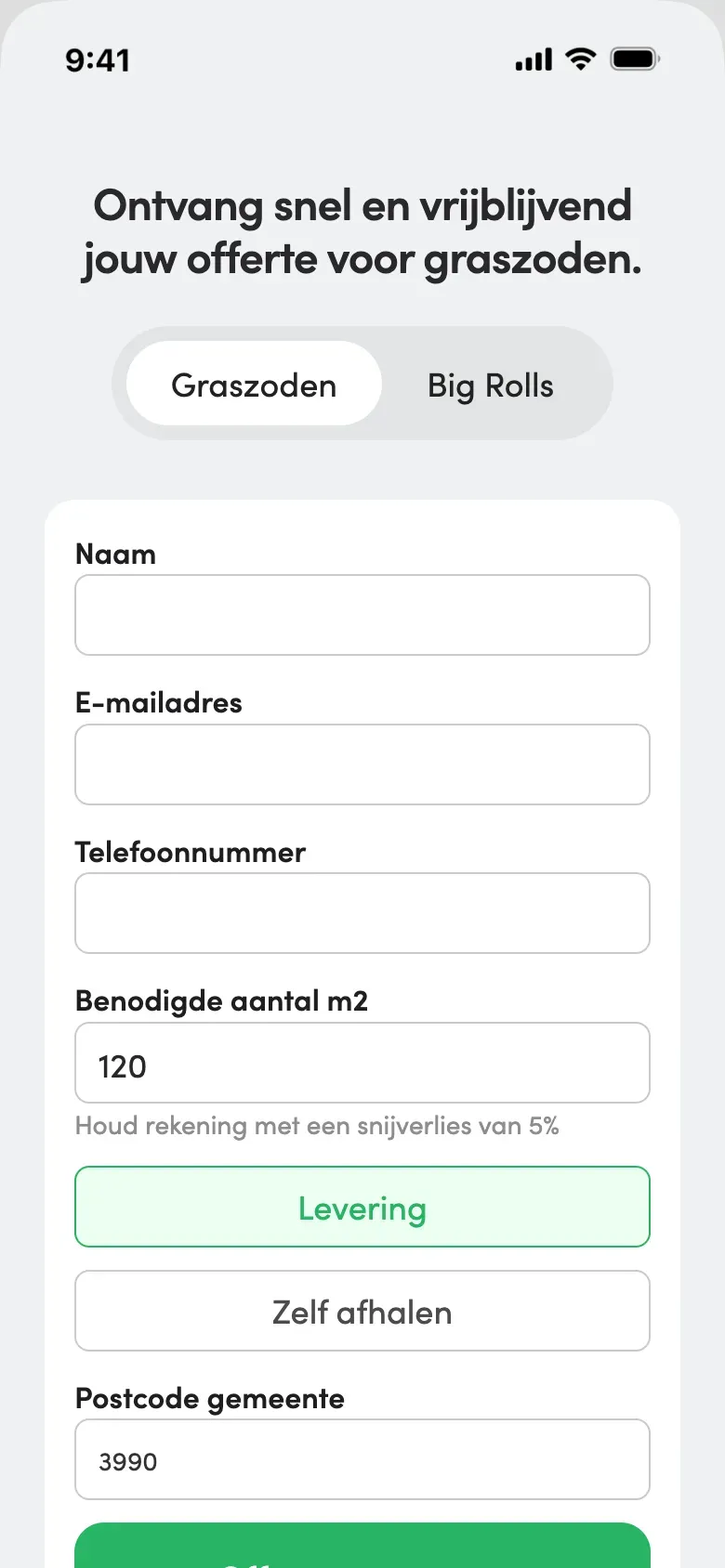 Het offerteformulier op gsm, met vierkante meters, levering en postcode
