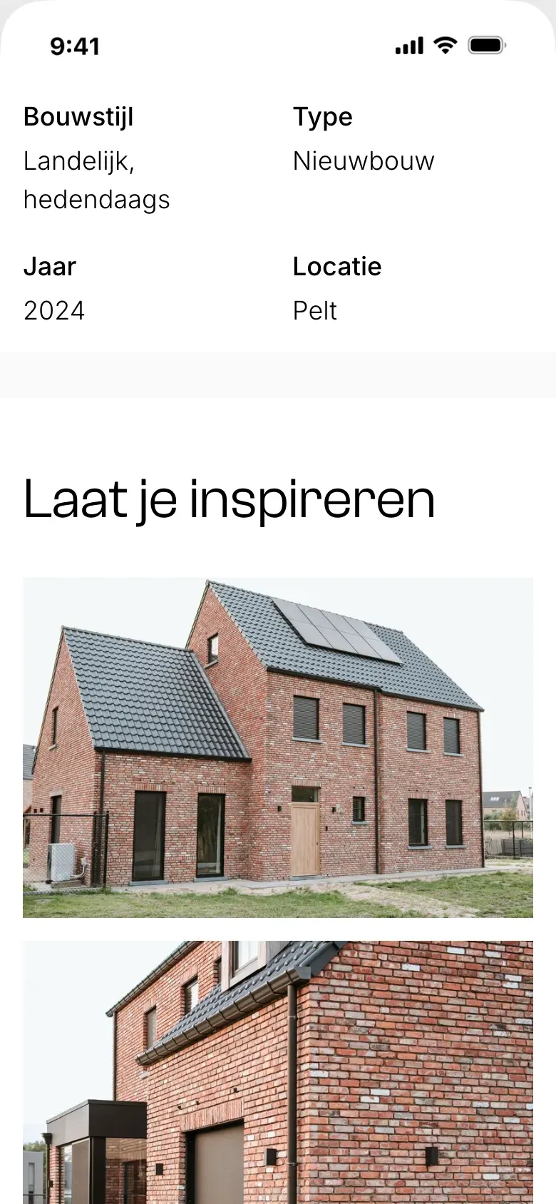 De fiche van een project op gsm, met bouwstijl, type, jaar en locatie