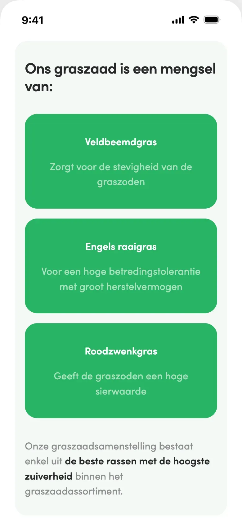 De samenstelling van het graszaad op gsm: veldbeemdgras, Engels raaigras en roodzwenkgras