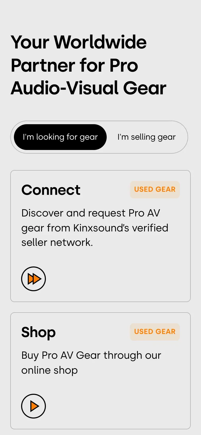 De homepagina van kinxsound.com op gsm, met de keuze tussen kopen en verkopen
