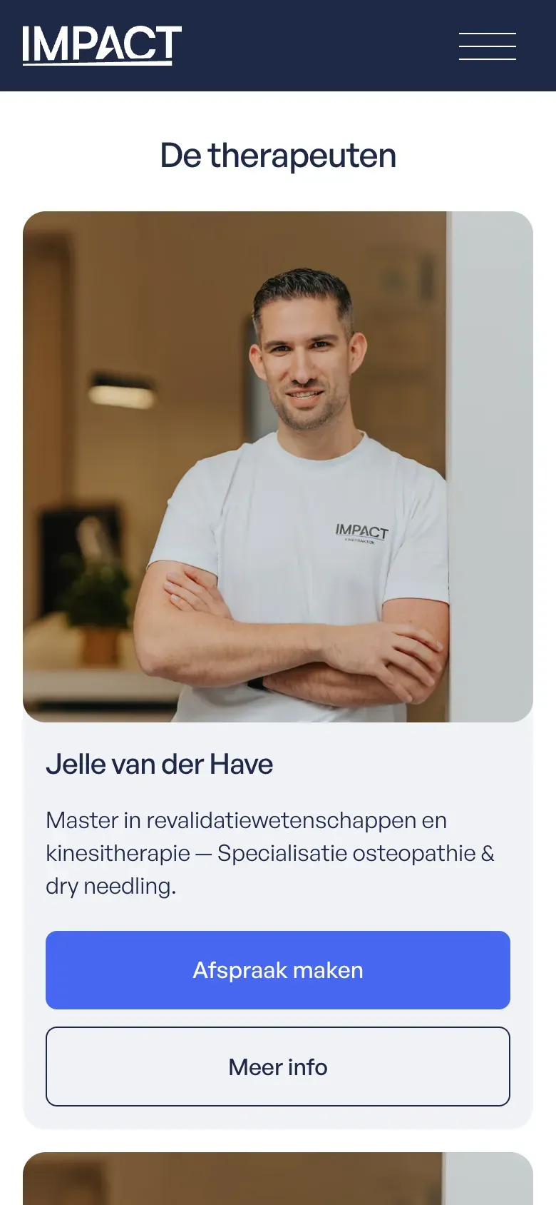 Jelle van der Have op de teampagina van impact-kine.be, op gsm