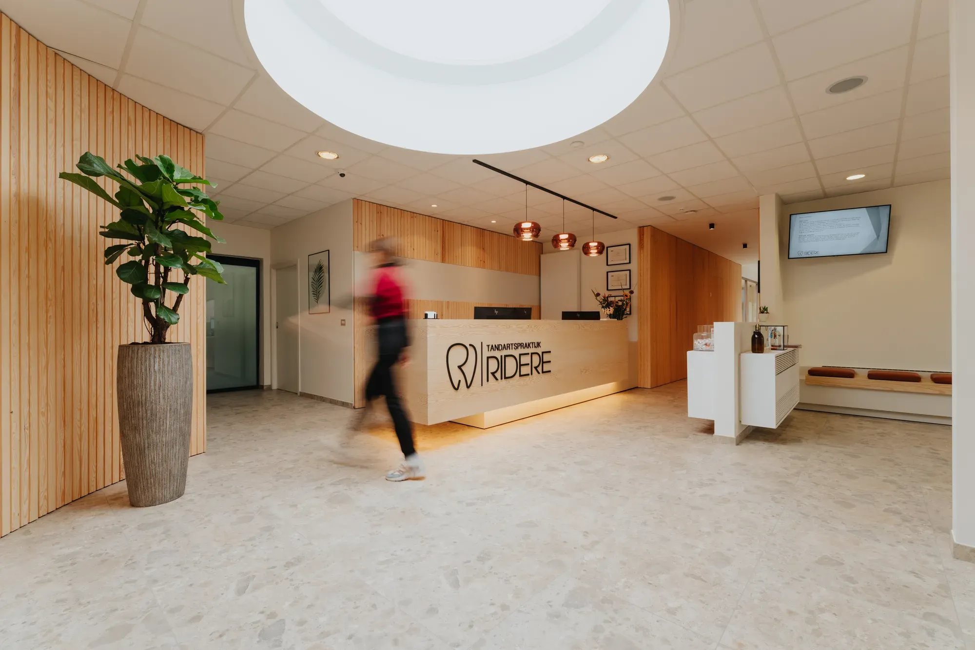 Onthaal van Tandartspraktijk Ridere met houten balie en lichtkoepel